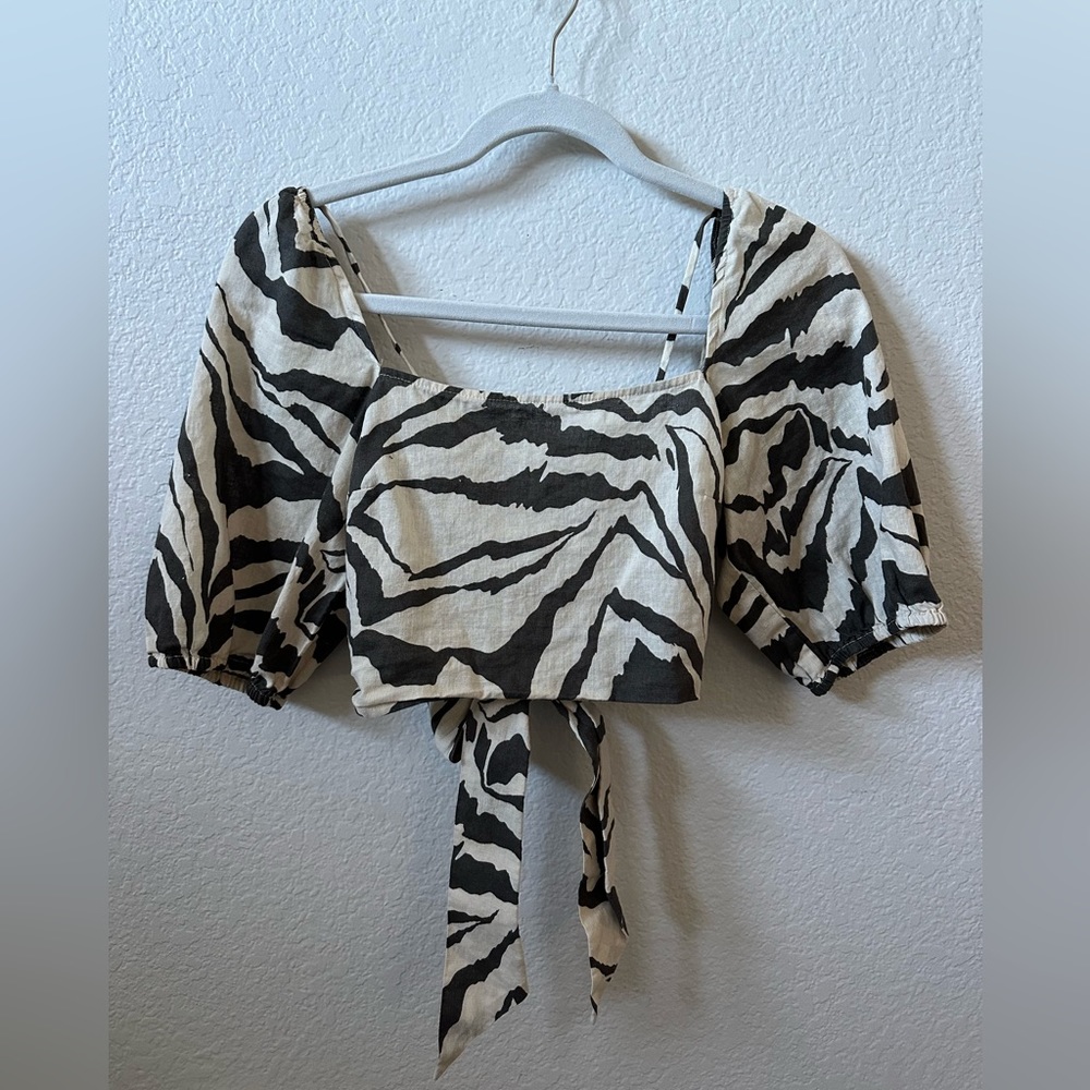 H&M Zebra Print Bubble Sleeve Crop Top - Size S